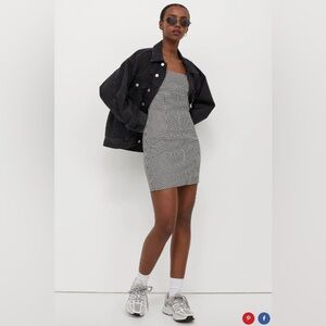 (A2) H&M Black & White Houndstooth Square Neck Mini Dress - Retro 90s Grunge  XL